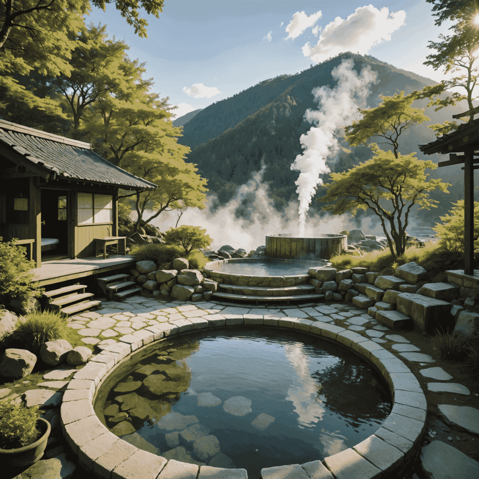 静かな温泉の風景。蒸気が立ち上る露天風呂と周囲の美しい自然の景色。