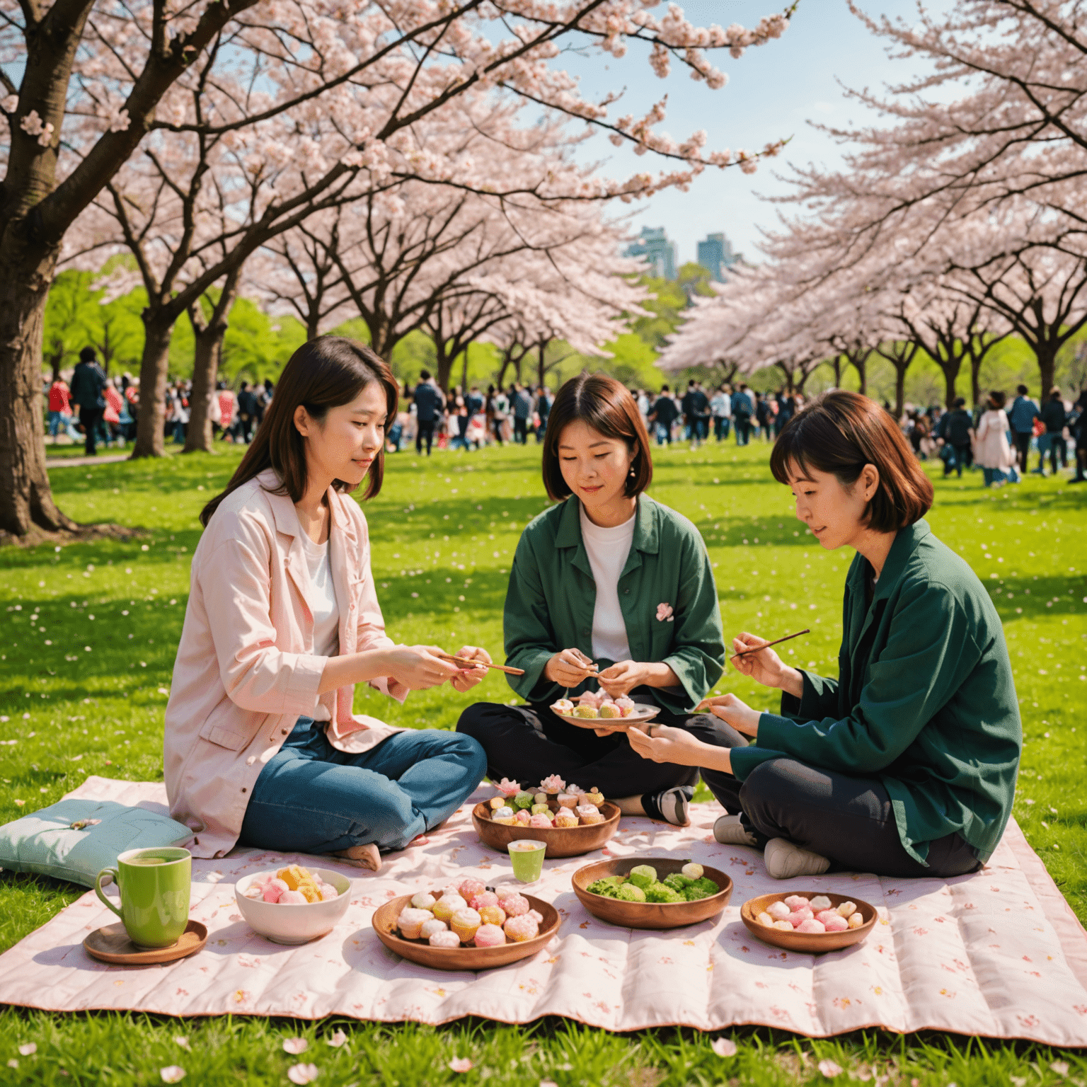 公園で花見を楽しむ家族。ピクニックマットの上に和菓子や抹茶が並んでいる。