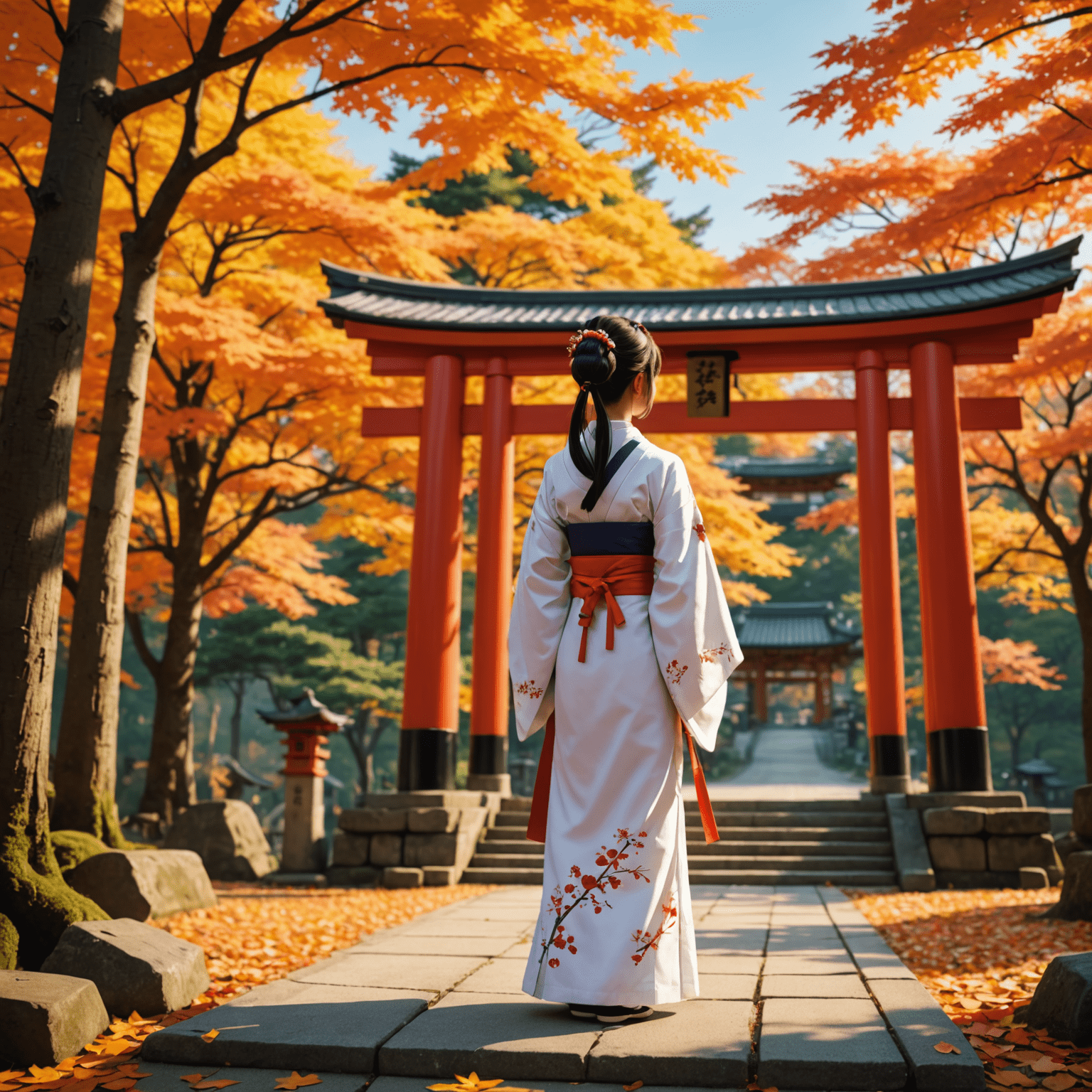 神社の鳥居の前で、巫女が祈りを捧げている様子。背景には紅葉した木々が見える。