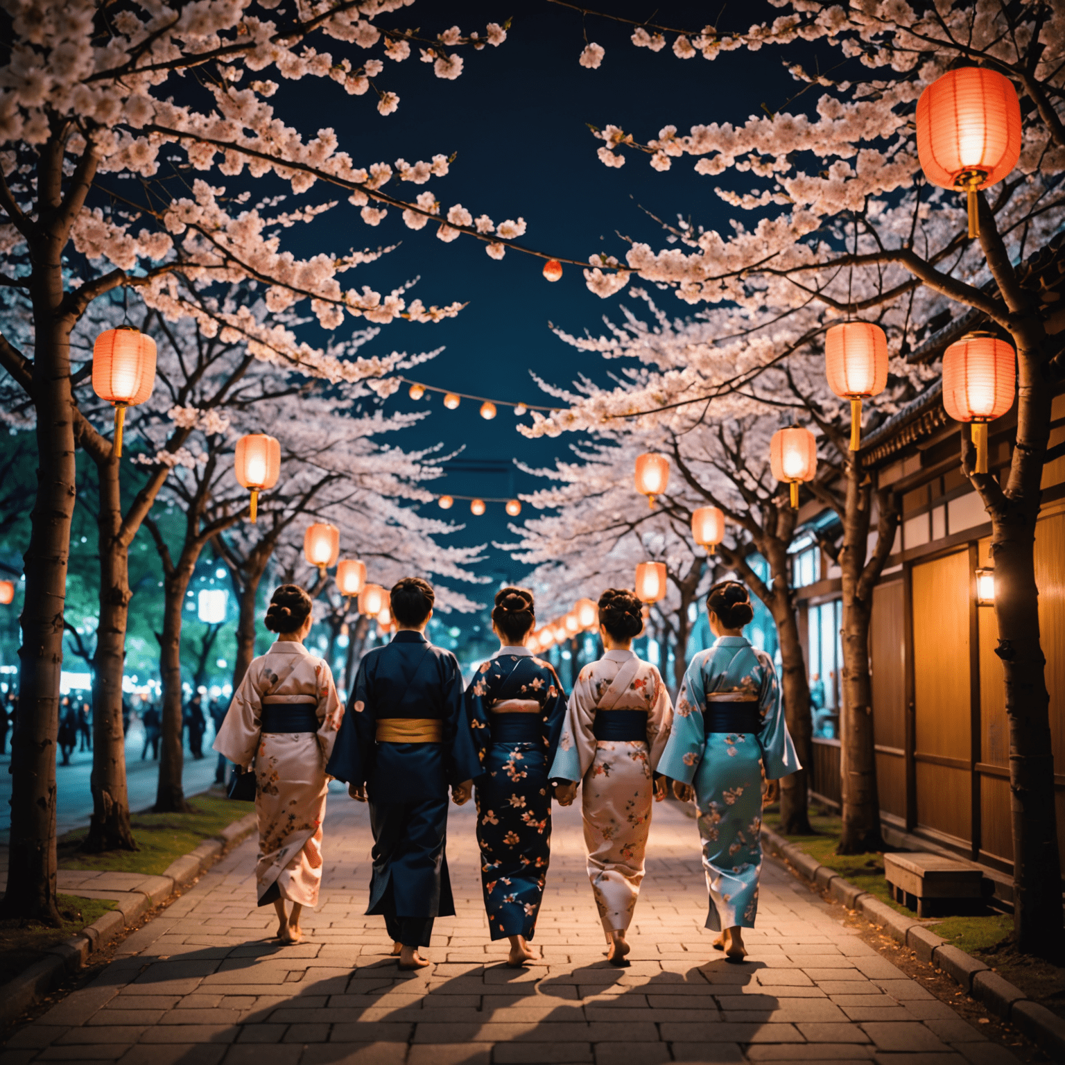 夜桜を楽しむ人々。提灯に照らされた桜の木の下で、着物姿の人々が歩いている。