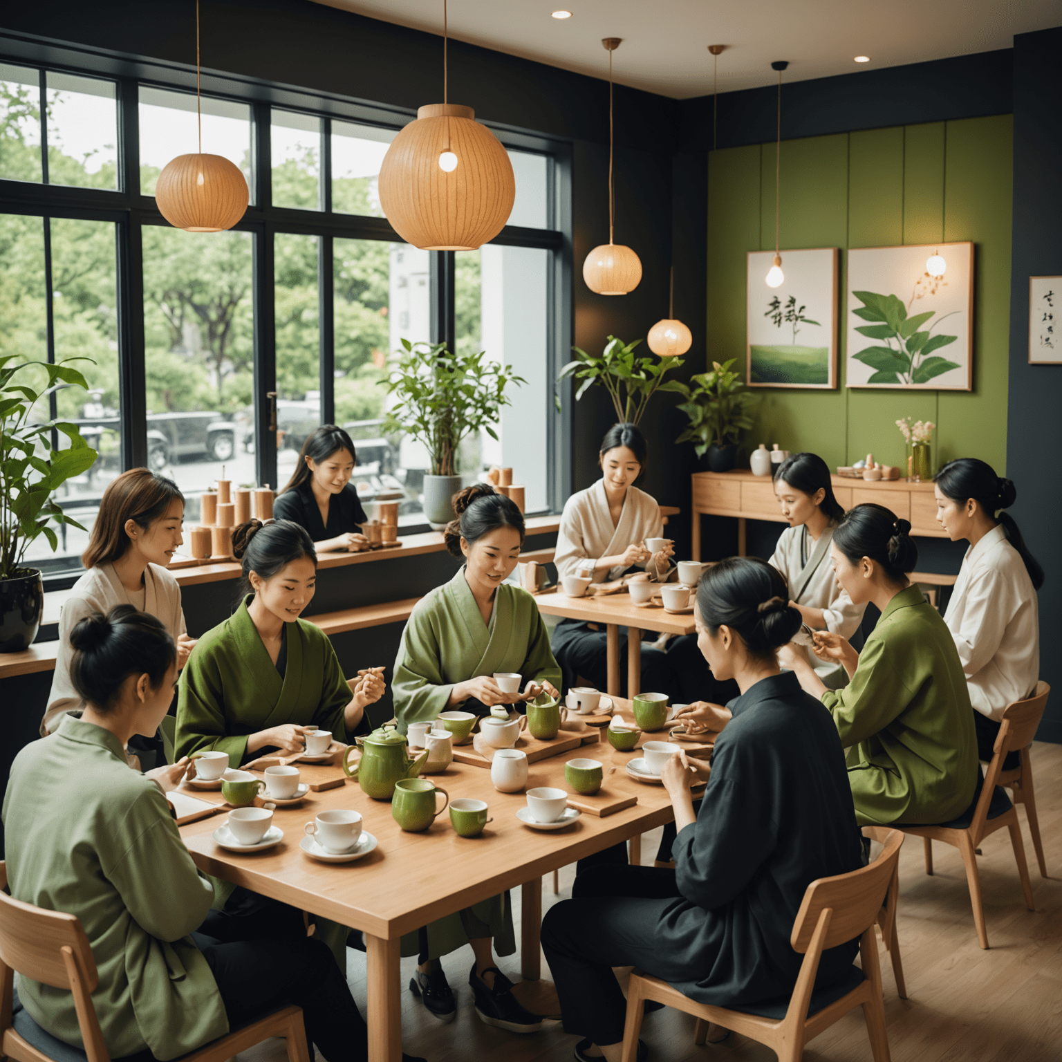 モダンなカフェ風の空間で、伝統的な茶道の要素と現代的なデザインが融合した茶会の様子。若者たちが抹茶ラテやスイーツを楽しんでいる。