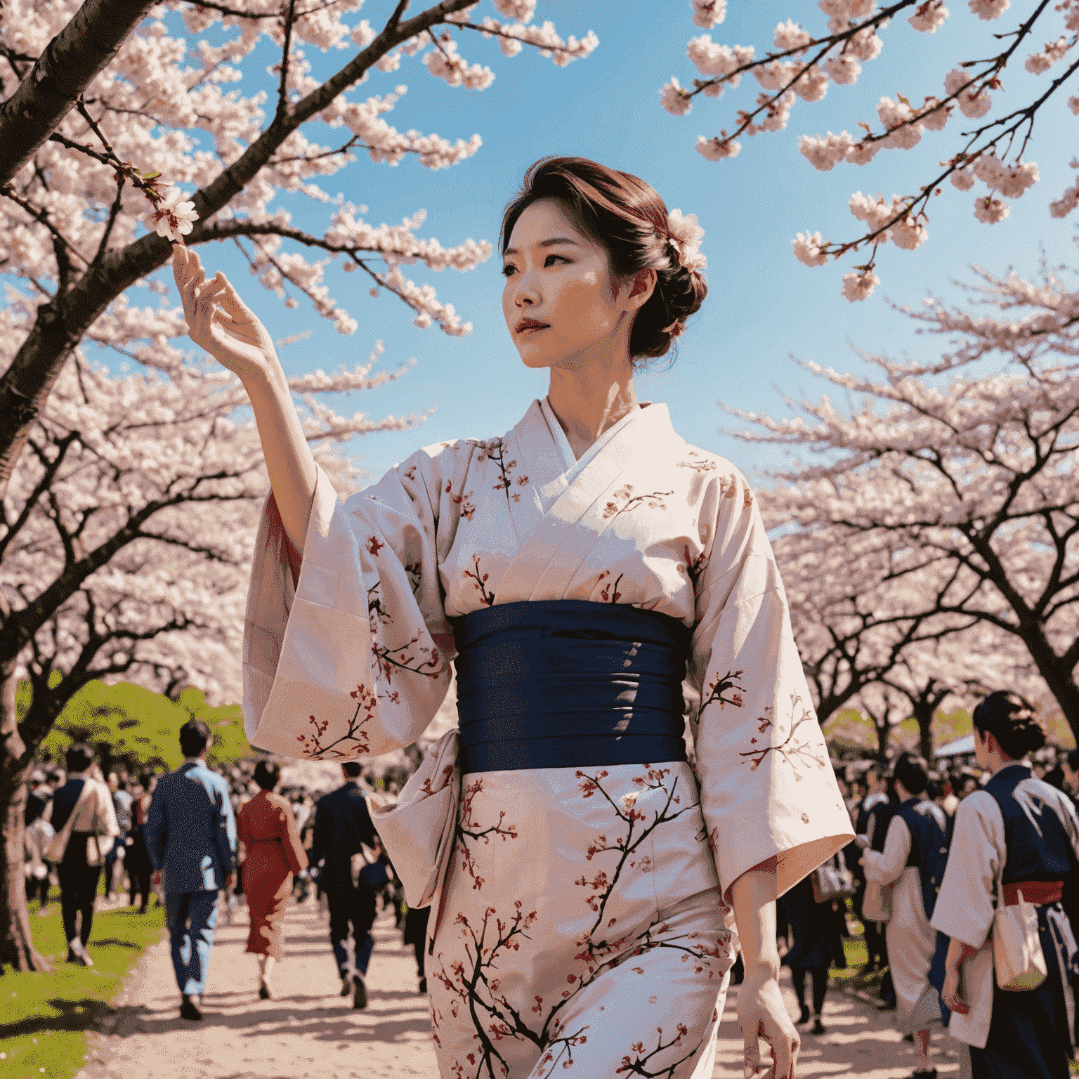 桜の花びらが舞う中、着物を着た人々が花見を楽しんでいる様子。背景には満開の桜の木々が並んでいる。