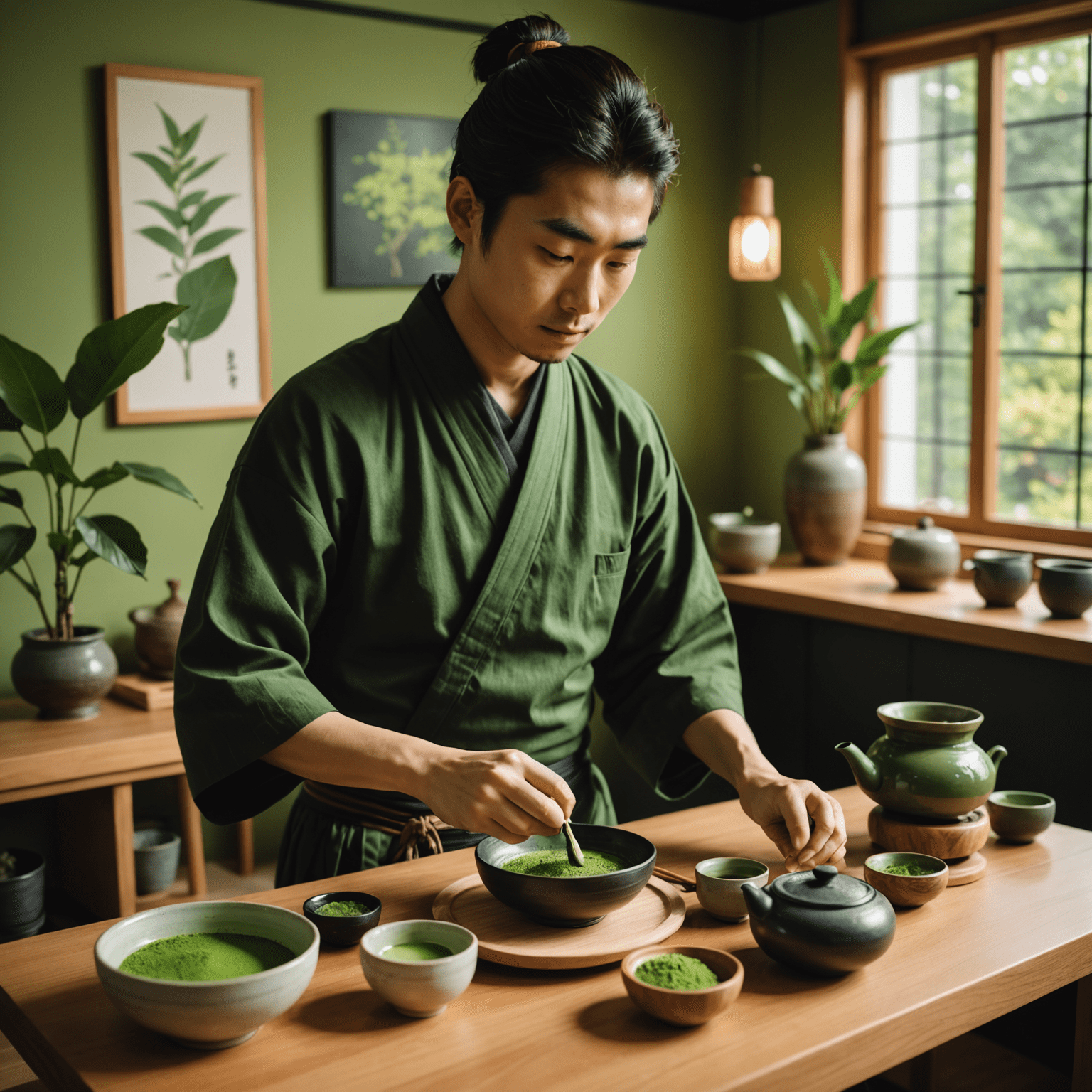 モダンな茶室で若い日本人が抹茶を点てている様子。伝統的な茶道具と現代的なデザインの融合が見られる。