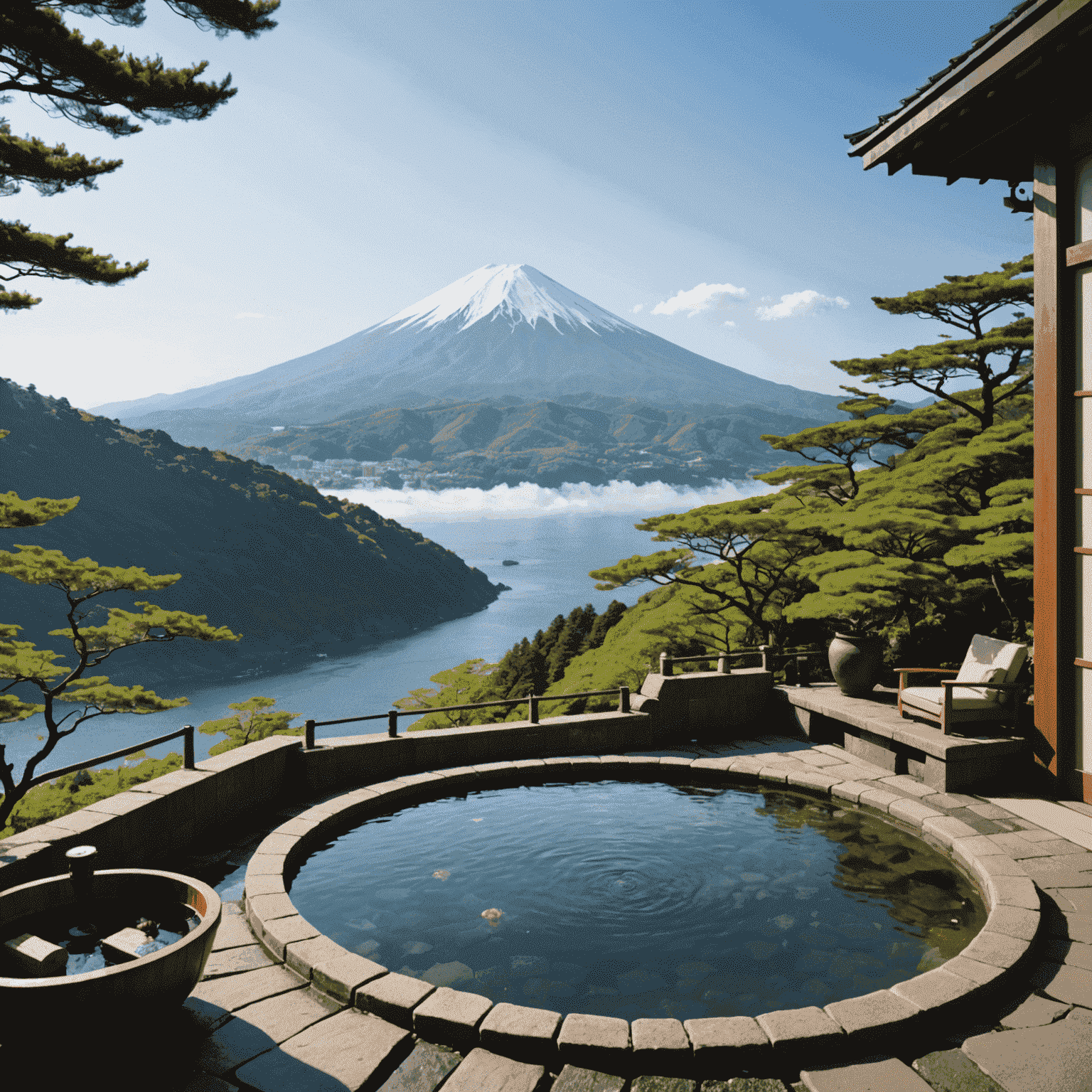 箱根温泉の露天風呂。富士山を望む絶景。